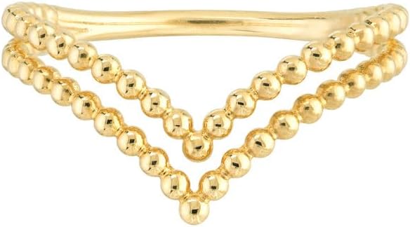 JEWELHEART 14K Solid Gold Beaded V Ring - Dainty Double Beaded Chevron Ring - Minimalist 14K Yellow Real Gold Stackable Rings For Women Size 6,7,8