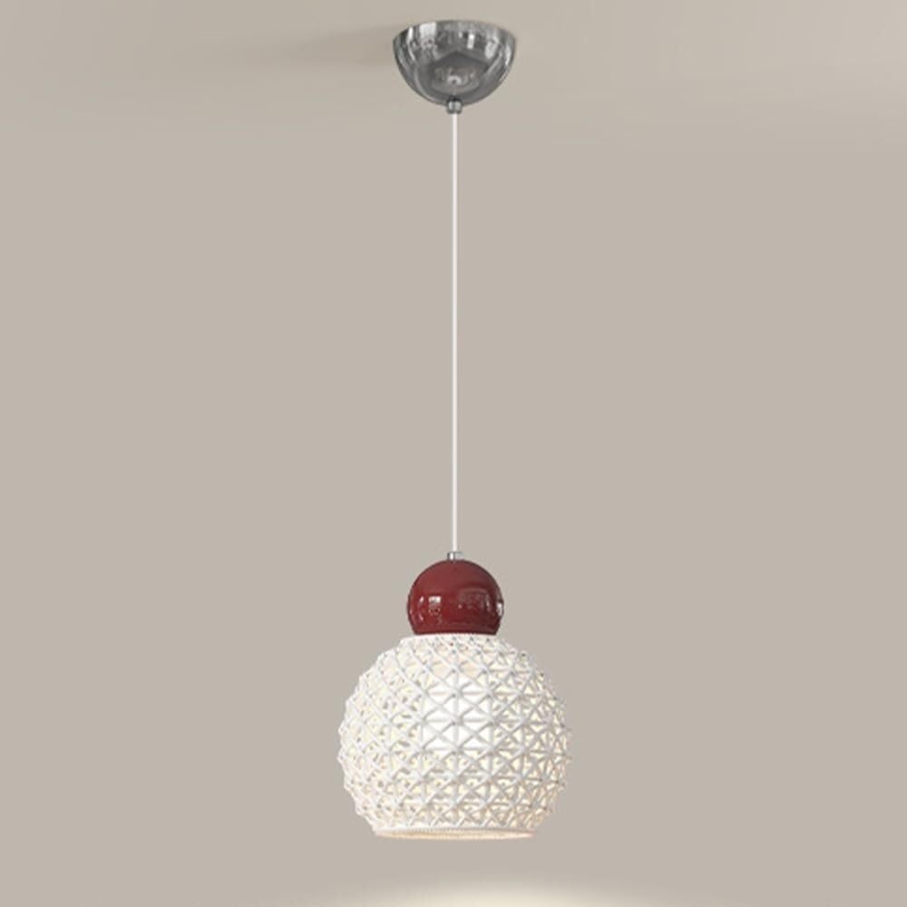 Suspension cuisine îlot moderne céramique crème et chrome rouge