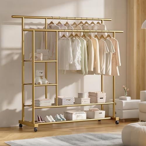 Recopilación de Rack para Ropa Desarmable los 10 mejores. 46 1.5M Perchero para Ropa de Doble Poste,Perchero Burro con Ruedas, Perchero de Metal para Ropa con Estante,Estantería de Almacenamiento de Ropa para Dormitorio