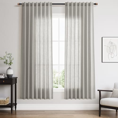 Light Gray Linen Curtains 72 Inches Long for Living Room Bedroom Light Filtering Semi Sheer Curtain Back Tab Rod Pocket Grey Simple Modern Farmhouse Decor Neutral Window Drapes 52x72, 2 Panels