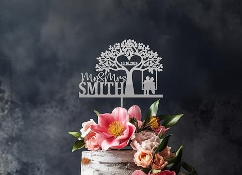 Rustic Cake Topper for wedding, Personalized Wedding cake topper, Mr & Mrs Wedding topper, bride and groom cake topper, Country Oak tree swing cake topper, Custom Wooden cake topper, Name and date