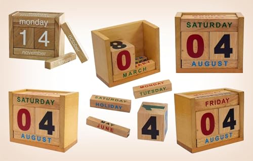 Image of STAR CRAFT Wooden Calendar Perpetual Change For Office And Home Table /Desk Calender Office Desk Stationary Calender (MULTI BEECH)