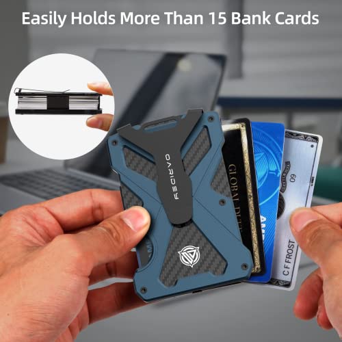 Minimalist Wallet For Men- Slim Aluminum Metal Money Clip Wallet With Clear Id Card Holder, Carbon Fiber Wallet, Rfid Blocking, Holds Up 15 Cards With Cash Clip, Ultra-Thin Tactical Wallet-Navy Blue #TOP4