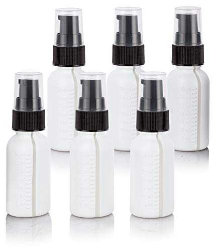 1 oz / 30 ml White Graduated Plastic HDPE Boston Round Bottles with Black Treatment Pump (6 pack)
