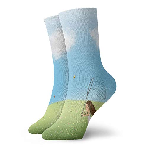 Fashion Compression Socks,Happy Girl Chasing Butterflies With Net In Spring Meadow,Performance Polyester Cushioned Athletic Crew Socks for Running,Athletic, -12 inch