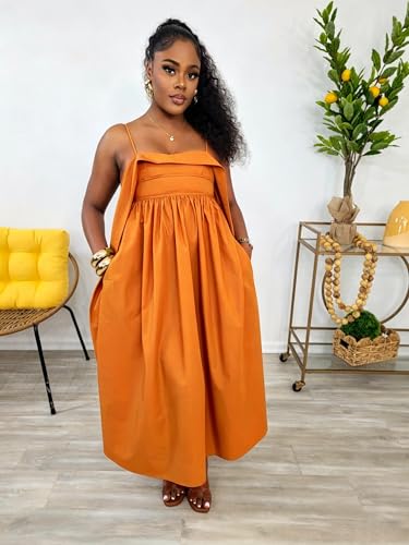 Image of YUEWOO Midi Dresses for Women Casual Summer Sundresses Vacation Outfits Spaghetti Strap Smocked Women Maxi Dress with Pockets