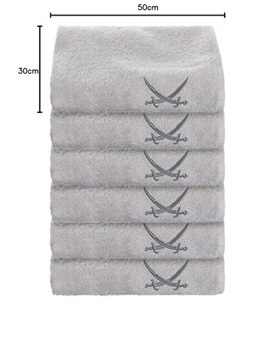 Sansibar 6er Set Gästetuch 30x50 cm – Saugstarkes Frotteetuch aus 100 % Baumwolle – Oeko-TEX Zertifiziert– Sylt-Design mit gesticktem Säbel-Logo – Silber