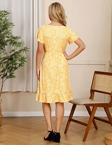 Coolmee Women's Ruffle Smocked Maternity Dress Floral Short Sleeve V Neck Knee Length Dress For Baby Shower Photoshoot Casual Yellow M #TOP4