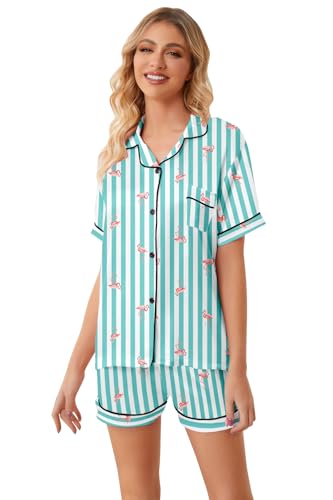 Image of Umeyda Women & Girls Pajamas Set, 2 Piece PJS Satin Silk Sleepwear Button-Down Top with Shorts for Mom Kids Gifts