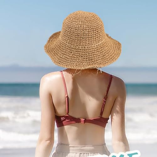 Image of Womens Floppy Straw Sun Hat Packable Wide Brim Summer Beach Hat Foldable Crochet Bucket Hats