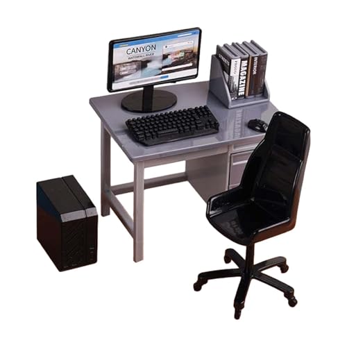 DYNWAVE 1/12 Miniature Computer Desk and Chair Mini Office Desk Chair Set with Keyboard Model for DIY Projects Decoration Accessories, Gray