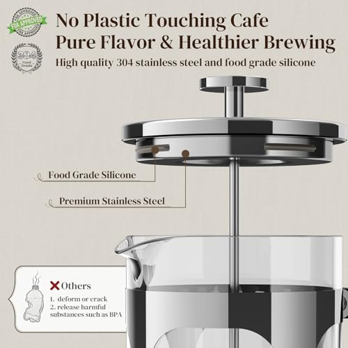 image for Veken French Press Coffee Maker 34oz 1 L, No Plastic Touching Cafe, He