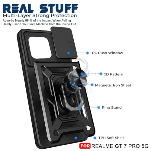 Image of AESTMO Tough Armor Realme GT 7 Pro 5G Bumper Back Case Cover | Ring Holder & Sliding Camera Shield Cover | 360 Degree Protection Back Case Cover for Realme GT 7 Pro 5G (Black)