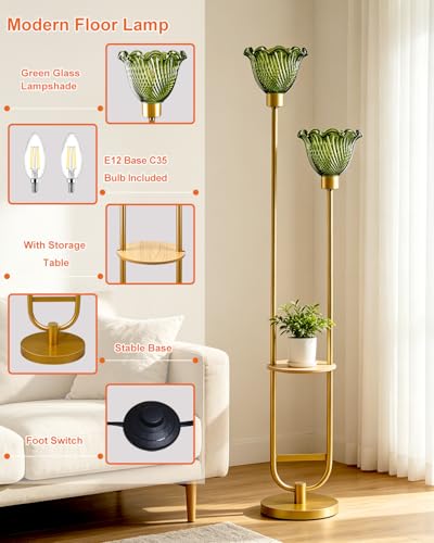 Image of Lightdot 2-Lights Modern Glass Floor Lamp with Table Gold Standing Tall Lamps with Green Floral Glass Shade,LED Floor Lamp with Foot Switch for Living Room Bedroom Home Decor (3000K Bulbs Included)