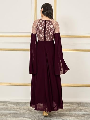 Image of Miss Chase Women's V-Neck Full Sleeve Self Design Lace-Overlaid Georgette Maxi Dress