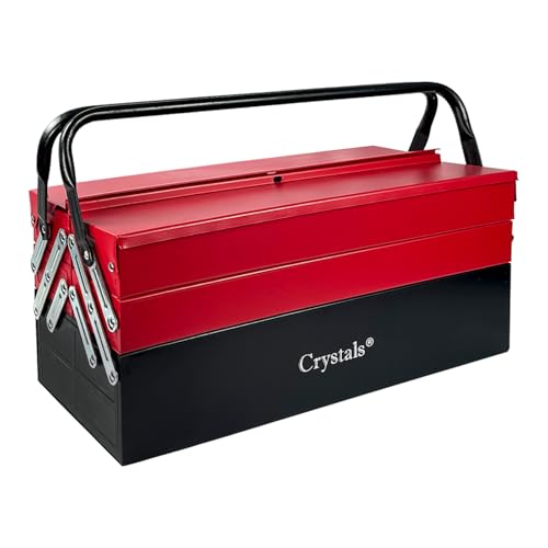 Crystals Tool Box Organiser - 3 Level Metal Tool Storage with 5 Trays - Cantilever Tool Box with Compartments - Portable Tool Organisers Garage Red/Black