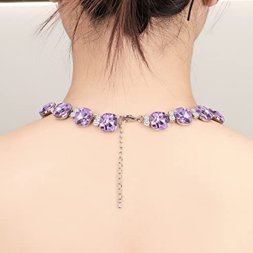 Xilazab Bib Statement Necklace, Purple Clear Choker Necklace Silver Finish Violet Crystal Necklace Multi Square Glass Crystal Collar Choker Necklace Luxury Jewelry,Jewelry Gifts For Women #TOP5
