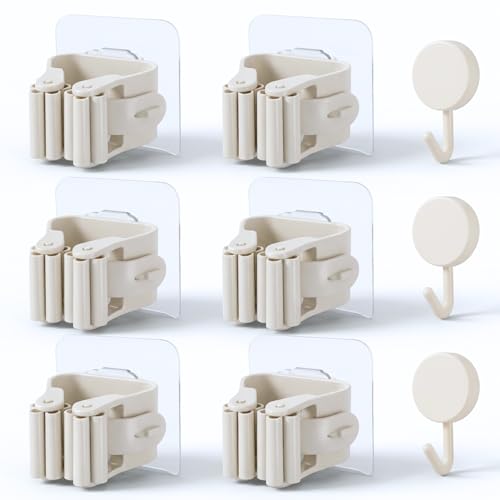 BASAMA ®️ 6 piezas Colgador Escobas y Fregonas con adhesivo, sin agujeros + 3 ganchos adhesivos | Soporte Escobas Pared de facil instalación (6 piezas)