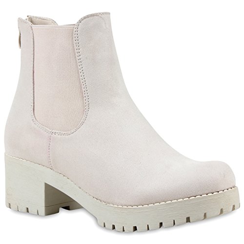 Preisvergleich Produktbild Damen Chelsea Boots Blockabsatz Plateau Stiefeletten Leder-Optik Schuhe 114796 Nude 39 Flandell