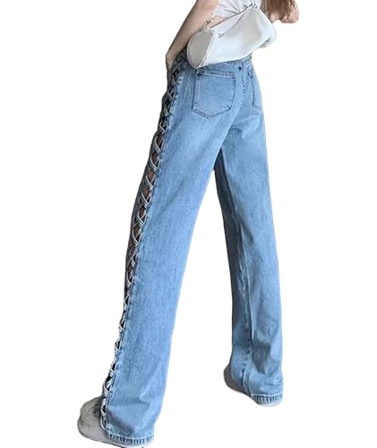 SEMATOMALA Women's Side Criss Cross Hollow Out Denim Pants High Waisted Straight Leg Y2K Jean Pants2