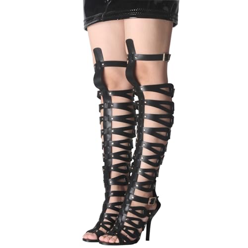 Image of Hanfike Knee High Sandals for Women Gladiator Cut Out Summer Roman Boots