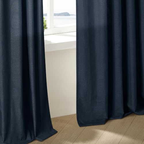 Image of Navy Short Linen Curtains 45 Inch Length 2 Panel Set for Small Windows Dark Blue Linen Cotton Light Filtering Drapes Privacy Pinch Pleated Back Tab Semi Sheer Kitchen Curtains 45 Inches Long