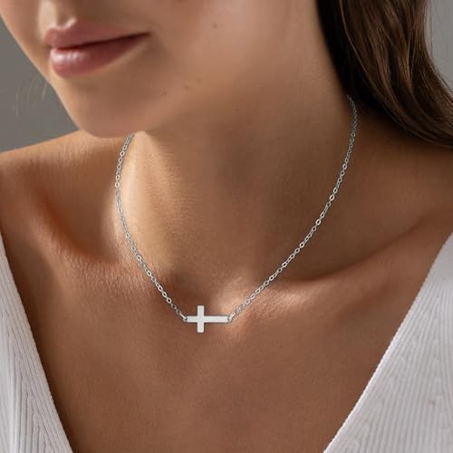 Fezodo Cross Necklaces for Women - Dainty 18K White Gold Plated Cross Choker Pendant Jewelry Non Tarnish Waterproof Trendy Easter Christian Baptism Religious Faith Necklace Jewelry Gifts — view 3