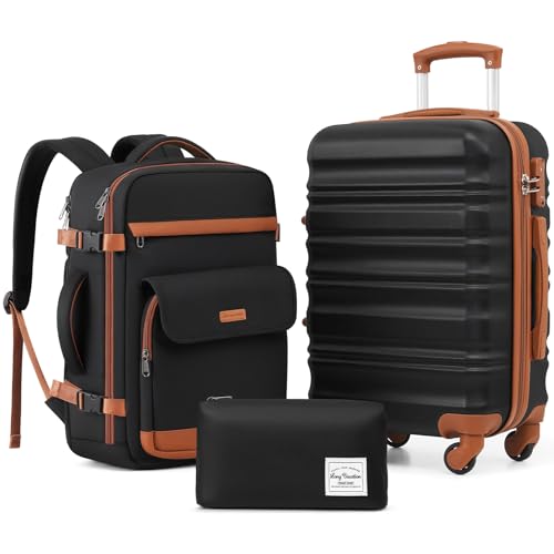 LONG VACATION Carry On Luggage Sets 3 Piece 20 Inch Suitcase Set, ABS+PC Hard shell Lightweight Travel Luggage with Spinner Wheels & YKK Zipper TSA Lock (BLACK-BROWN, 20 INCH (BP-2/TB))
