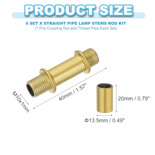 Image of PATIKIL Straight Pipe Lamp Stems Rod Kit, 6 Set M10 Carbon Steel 40mm(1.57 inch) Long Double End Thread Rod with Coupling Nuts Sleeve Connector for Table Lamps Chandeliers, Gold Tone