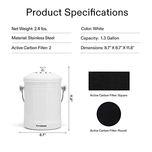 Vivosun Indoor Compost Bin, 1.3 Gallon Stainless Steel Compost Bucket With Lid For Kitchen Food Waste - Includes 2 Charcoal Filter, White #TOP6