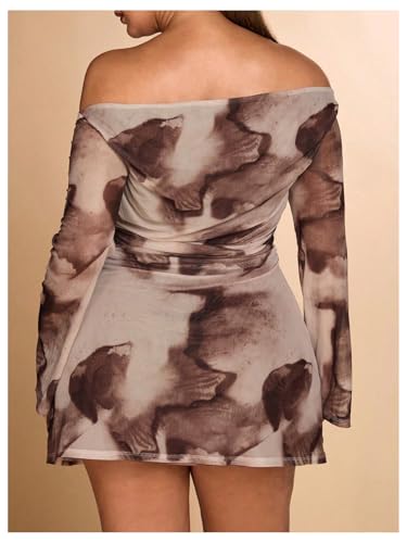 Women's Plus Size Off Shoulder Tie Dye Mini Dress Flared Sleeve Ruched Bodycon Dress2
