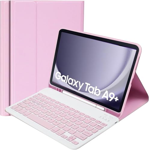 KTOITION Funda Teclado Compatible con Samsung Galaxy Tab A9+ 11 Pulgadas 2023 con Película Protectora [Español], SM-X210/X216/X218, Funda Protectora con Portalápices (Rosa)