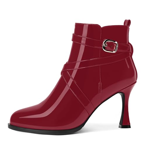 MODENCOCO Womens Dress Patent Ankle Strap Buckle Round Toe Zip Wedding Stiletto High Heel Ankle High Boots 3.3 Inch2