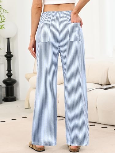ANRABESS Womens Striped Gingham Pants 2026 Pajama Drawstring Wide Leg Lounge Plaid Pants Cute Casual Trousers with Pockets Blue White Stripe Small — view 4