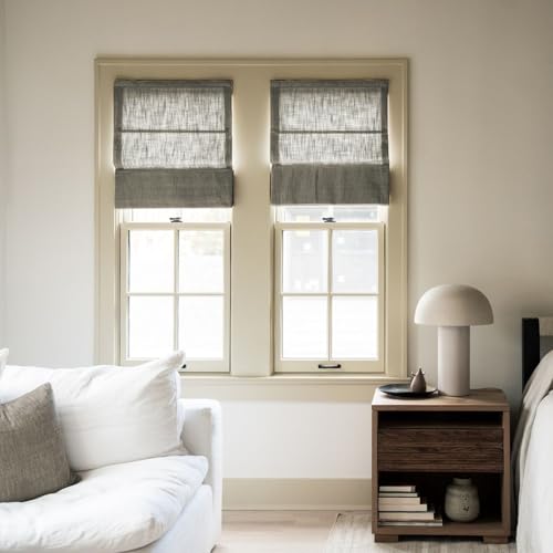 Image of TWOPAGES Liz No Drill Cordless Roman Shades Linen Textured Roman Blinds for Windows, Custom Made Room Darkening Blackout Roman Window Shades, Hardware Included, Dim Gray, 1 Piece