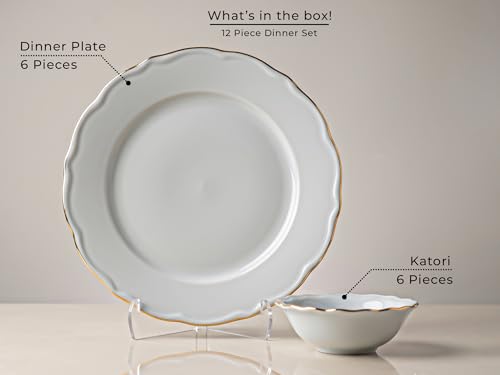 Image of Bodhi House 12-Piece Gold Rim Porcelain Dinner Set | Plates & Bowls Set | Lightweight, Chip Resistant, | Dishwasher Safe | Ideal for Home Dining & Gifting Tableware Set | White