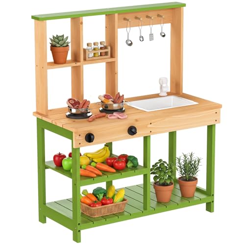 Produktfoto von BRINJOY Matschküche Kinder Outdoor, Spielküche Kinder Holz-Matschküche für draußen mit realistischem Wasserhahn,&hellip;
