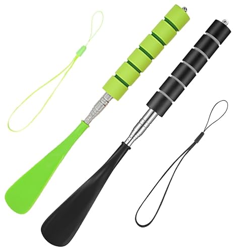 Amazleer 2 Stück Teleskop Schuhlöffel Lang Kurz Set, Lang und Kurz, Teleskop Verstellbar 29-70cm Ausziehbarer Schuhanzieher Kunststoff Edelstahl Klein Lang für Herren Damen (Schwarz & Grünes)