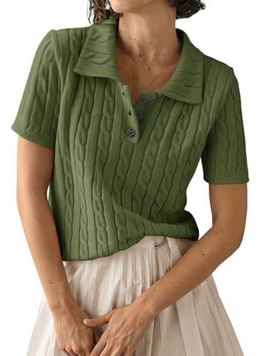 Image of Imily Bela Womens Polo V Neck Pullovers Lightweight Short Sleeve Cable Knit Sweater Business Casual Summer Tops 2025