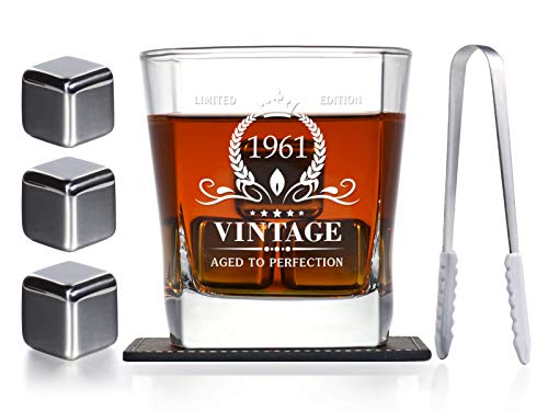 Product Image of the 1961 60th Birthday Gifts for Men, Vintage Whiskey Glass and Stones Funny 60 Birthday Gift for Dad Husband Brother, 60th Bday Decorations Party Favors, 60 Year Old Anniversary Present Ideas for Him