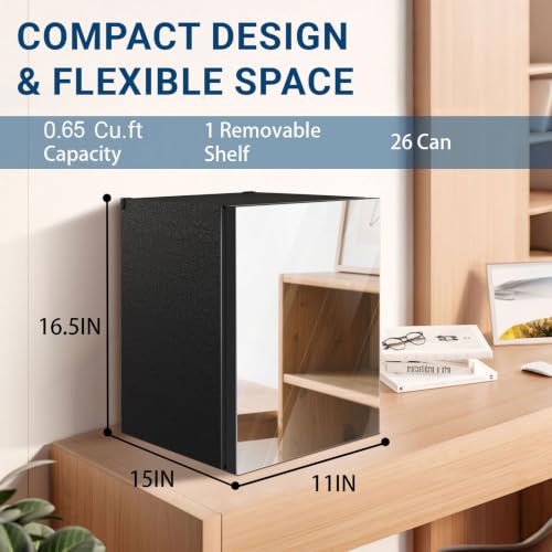 Image of Erivess 0.65 CuFt Mirrored Fridge, 24Can Freestanding Beverage Refrigerator | Glass Front Door Compact Mini Refrigerator for Soda or Skincare, Under Counter with Adjustable Shelve & Temperature Control