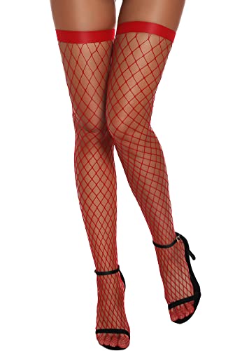 EVELIFE Bas résille pour femme - Bas de cuisse - Élastique et antidérapant, Rouge, Taille unique