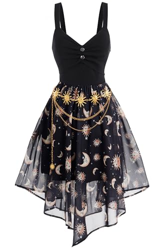 FEAPHY Women's Vintage Chiffon Sun Moon Star Sleeveless A-Line High Low Dress, Sun-black & Waist Chain, S