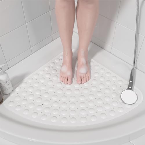XIYUNTE Corner Shower Mat Non Slip Anti Mould - 54 x 54cm Non Slip Shower Mats for Inside Shower Corner, Bath Mat for Corner Shower, Quadrant Anti Slip Bath Mats for Bathroom, Machine Washable, White