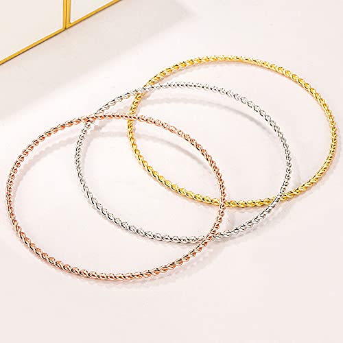 Meilanduo Gold/Silver/Rose Gold 925 Sterling Silver 2Mm Round Twisted Cable Wire Bangle Bracelet - Thin & Sturdy - 60Mm/65Mm/68Mm For Women Girls (Mixed, 65Mm For Medium Wrist) #TOP2