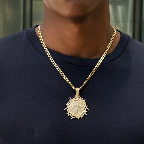 HELLOICE Iced Out Crown of Thorns with Cross Medallion Pendant Necklace Full CZ Pendant with 5mm 24inches Cuban Chain 14K Gold Plated Pendant Necklace for Women Men2