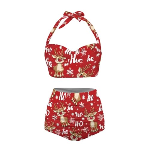 Annejudy Christmas Women's High Waist Two Pieces Bikini Set Halter Top with Bottom Swimwear Push Up with Extra Padded Swimsuits Casual Bathing Suits S-XXL, Reindeer Pattern