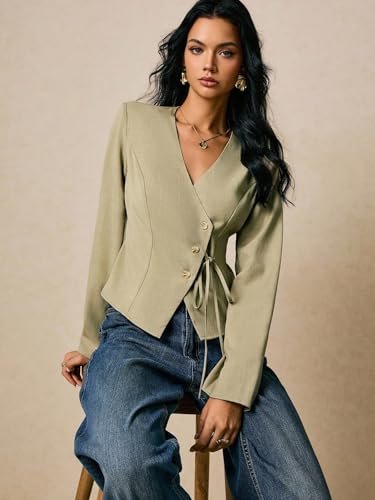 Image of Women's Cotton Tops | Casual Wrap V Neck Top | Long Sleeve Textured Side Tie Shirt | Elegant Slim Fit Crossover Tunic | Stylish Office Wear & Trendy Streetwear Apparel(38-K-1-4)