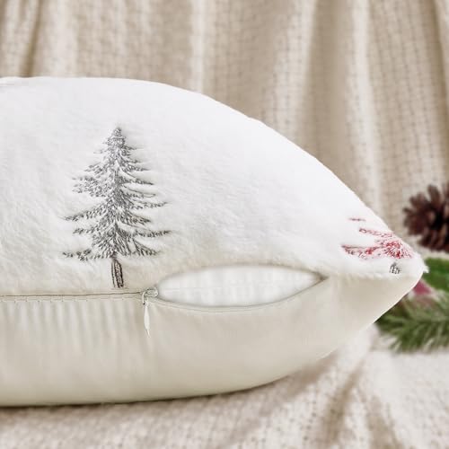 Image of MIULEE Christmas Decorative Faux Fur Pillow Covers 18x18 Inch White Red | Set of 2, Embroidered Christmas Tree Throw Pillows, Winter Couch Covers, Festive Home Decor for Sofa Bedroom Living Room