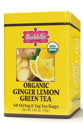 Brew La La Organic Green Tea - Natural Ginger Lemon Flavor - 50 Tea Bag Tin - Low Caffeine - USDA Certified Organic